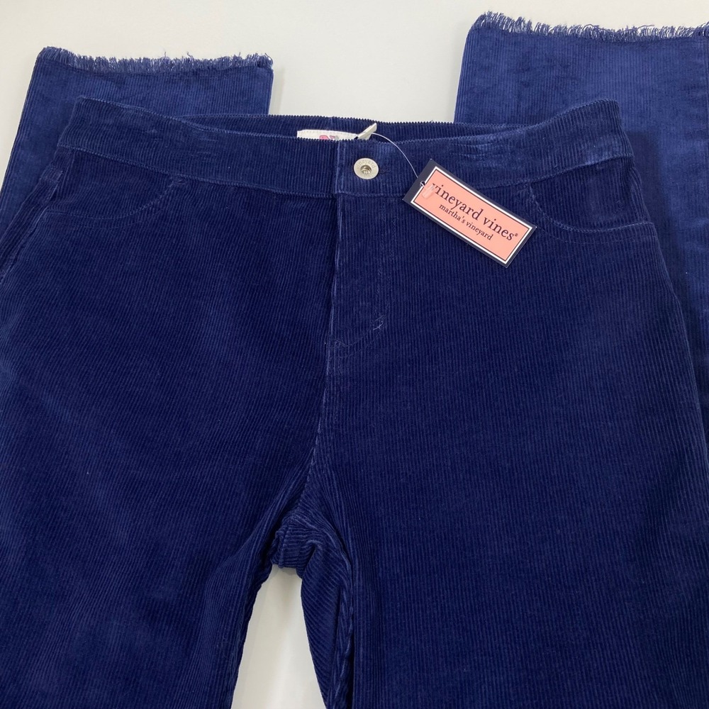 Vineyard Vines Girls 14 Blue Corduroy Pants‎ NEW Frayed Hem Whale Logo Stretch